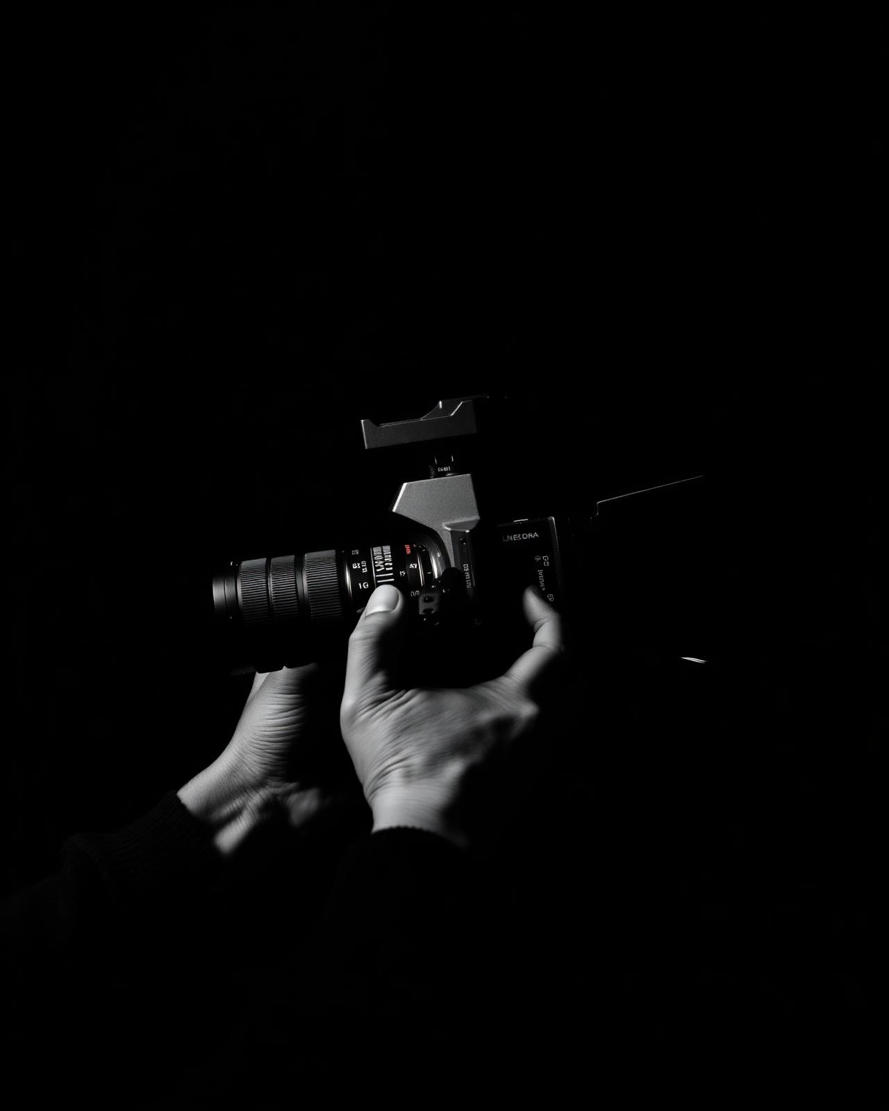 A Room407 cinematographer holding a cinema camera in a darkened studio